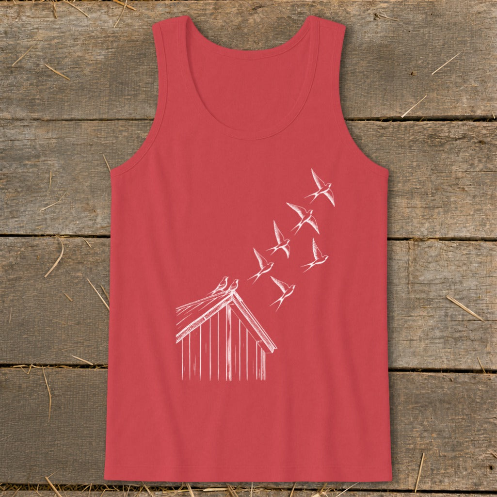 Red tank top featuring a white line drawing of a small cabin and flock of birds.