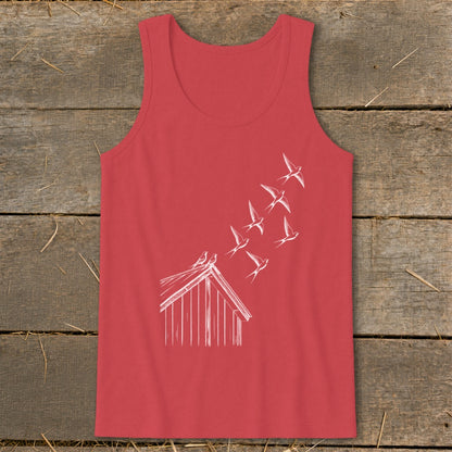 Red tank top featuring a white line drawing of a small cabin and flock of birds.