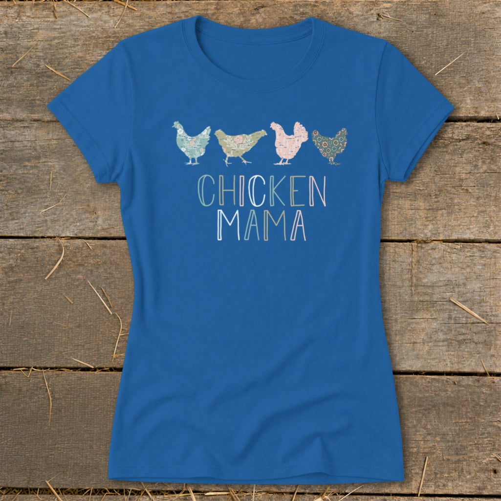 Blue t-shirt with "CHICKEN MAMA" text and four decorative chickens.