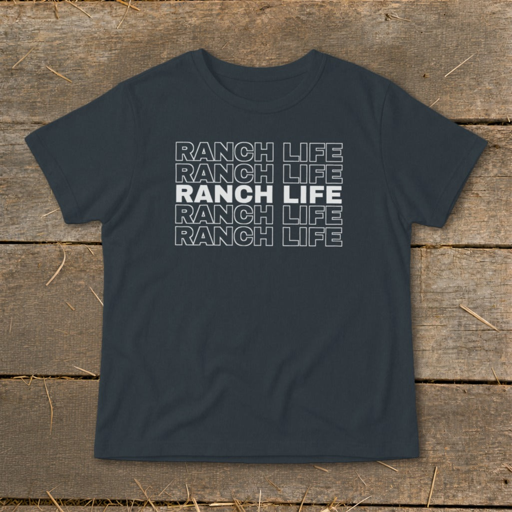 A dark gray t-shirt with the words RANCH LIFE printed in stacked, outlined white lettering across the chest.