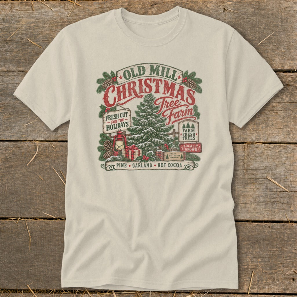 Old Mill Christmas Tree Farm graphic with pine trees, gifts, and holiday text.