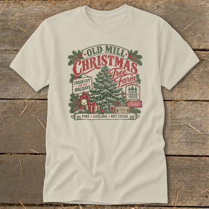 Old Mill Christmas Tree Farm graphic with pine trees, gifts, and holiday text.