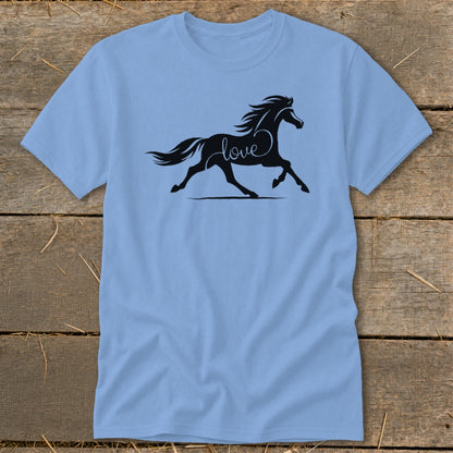 Light blue t-shirt with a black silhouette of a running horse with the word "love" inside.