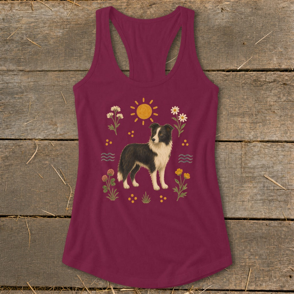 Maroon tank top with a border collie and floral design.