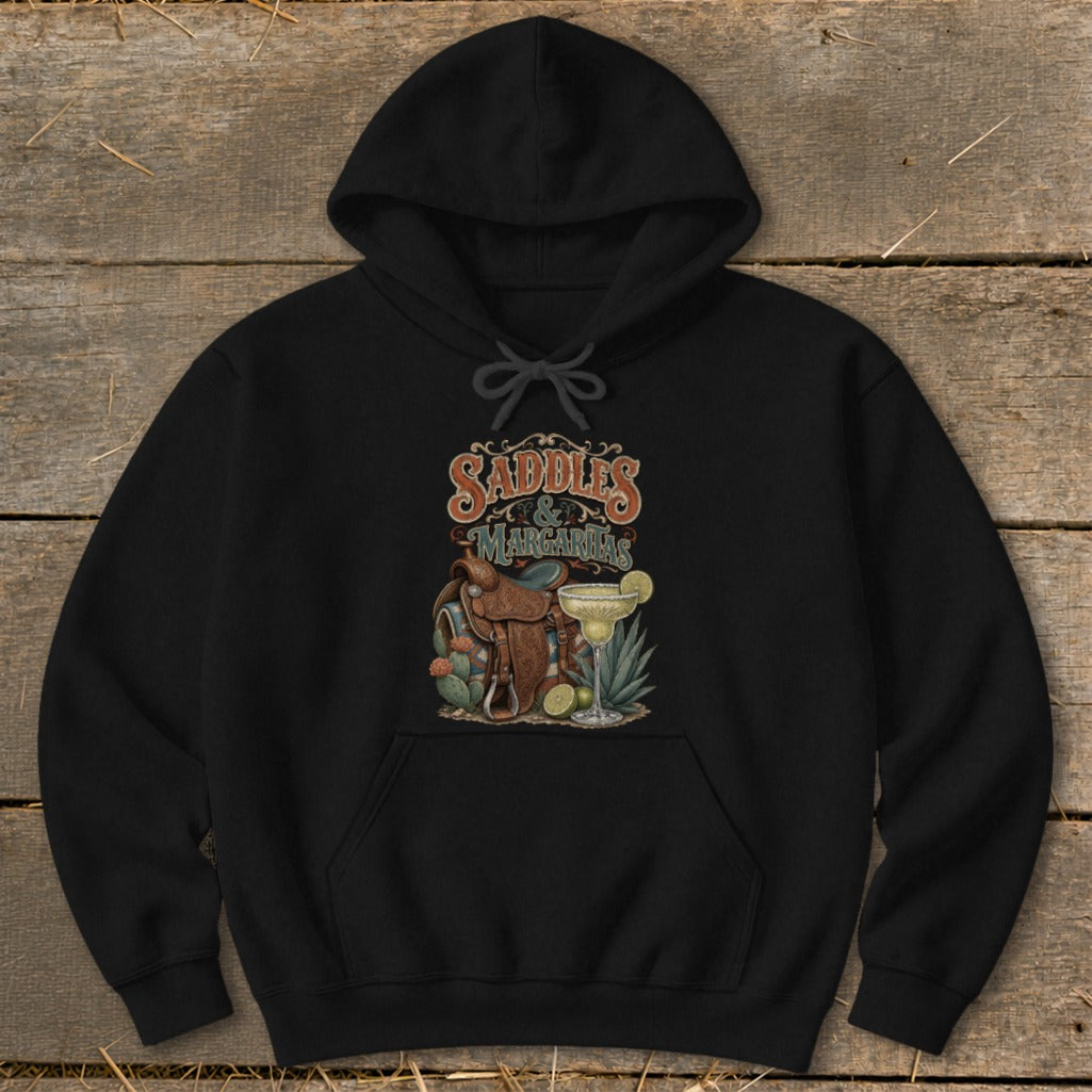 Black hoodie with "Saddles & Margaritas" graphic featuring a saddle, margarita, and cacti.