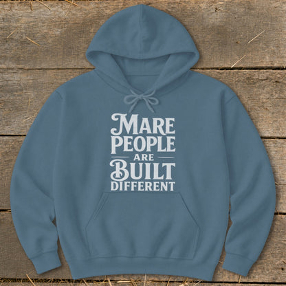 Blue hoodie with white text: "Mare people are built different".
