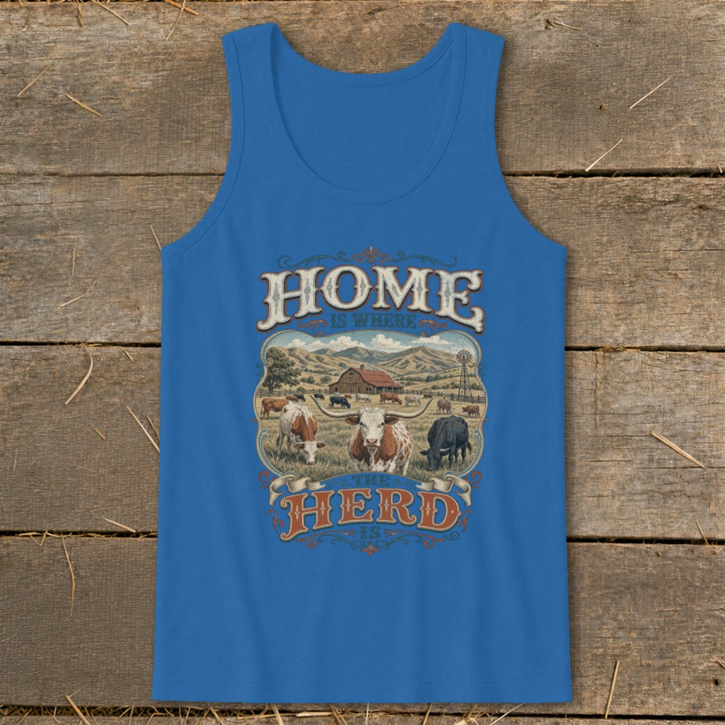 Blue tank top with "Home is Where the Herd is" graphic featuring cows and a farm scene.