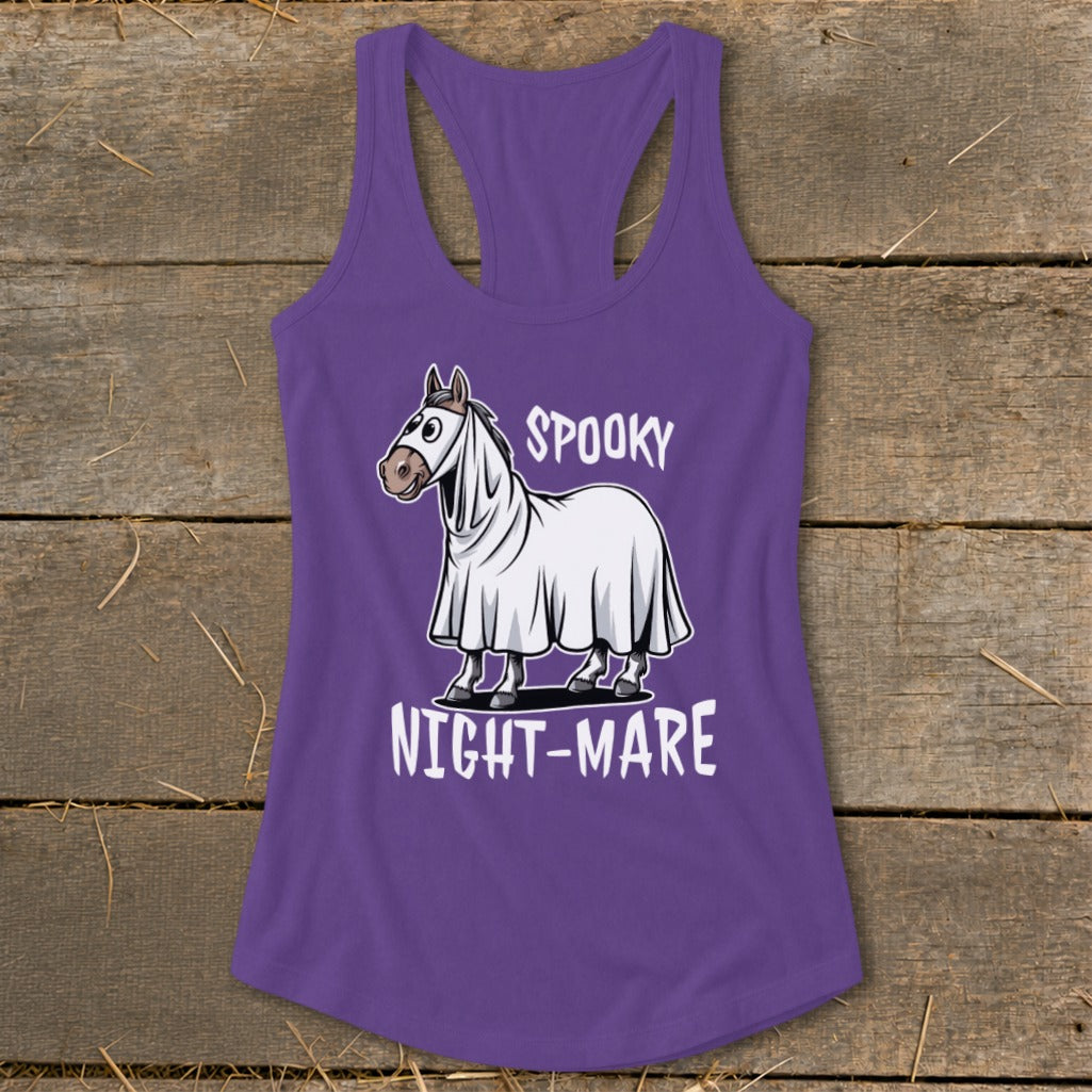 Purple tank top with a cartoon horse wearing a ghost costume, text reads "SPOOKY NIGHT-MARE".