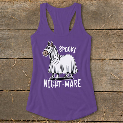 Purple tank top with a cartoon horse wearing a ghost costume, text reads "SPOOKY NIGHT-MARE".