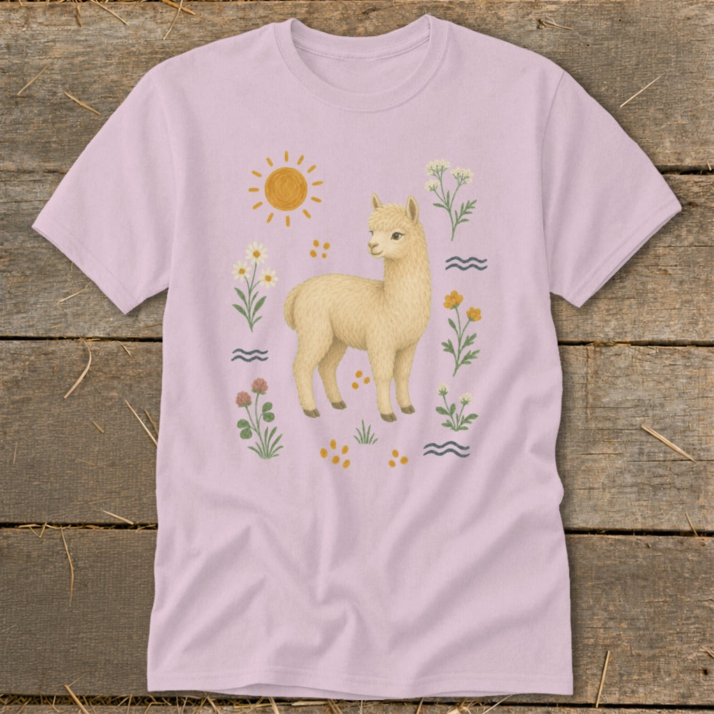Light pink t-shirt with a fluffy alpaca surrounded by flowers and a sun.