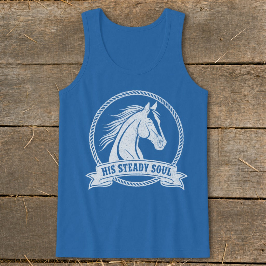 Blue tank top with white distressed horse head inside a rope circle and banner with text.