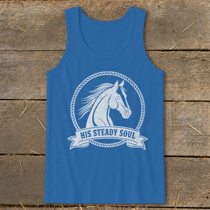 Blue tank top with white distressed horse head inside a rope circle and banner with text.