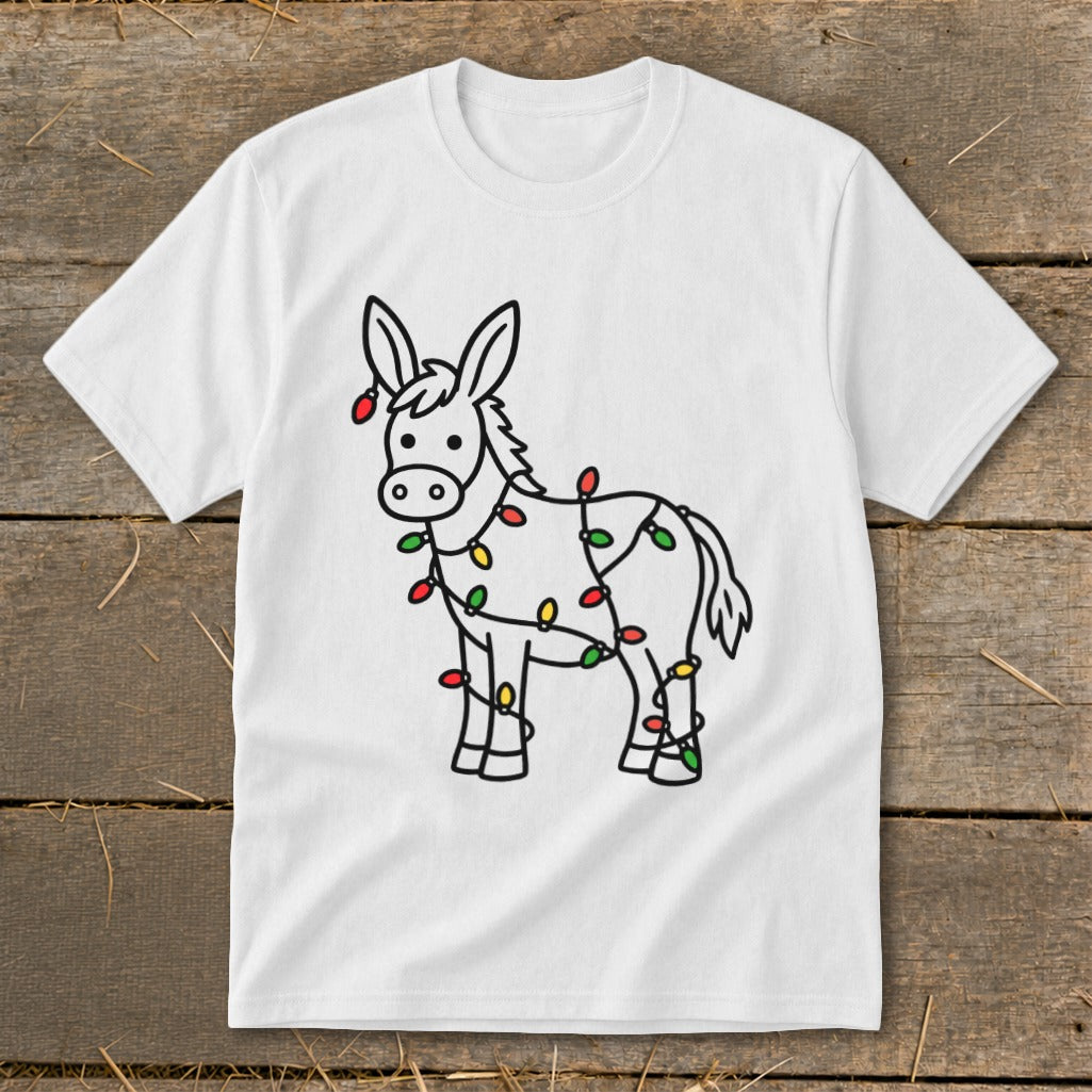 White t-shirt with a black outline drawing of a donkey covered in colorful Christmas lights.