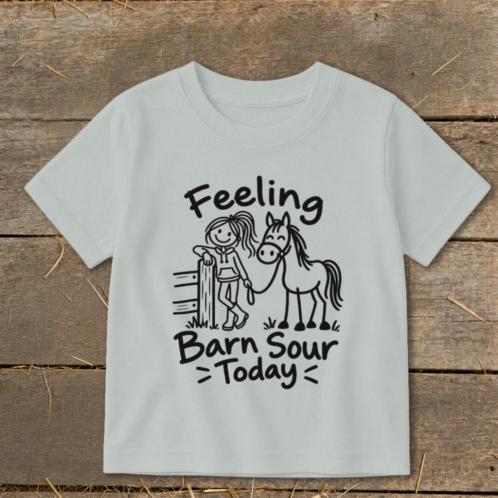 Child's light grey t-shirt with "Feeling Barn Sour Today" text and horse graphic.