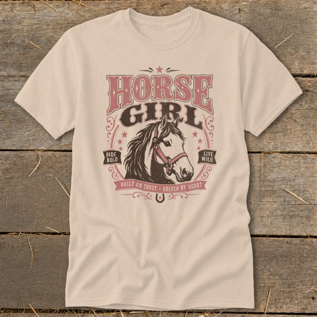 T-shirt with "Horse Girl" text, a horse head, and phrases "Ride Bold," "Live Wild."