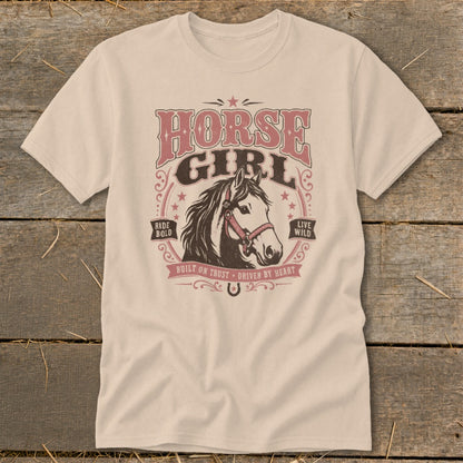 T-shirt with "Horse Girl" text, a horse head, and phrases "Ride Bold," "Live Wild."