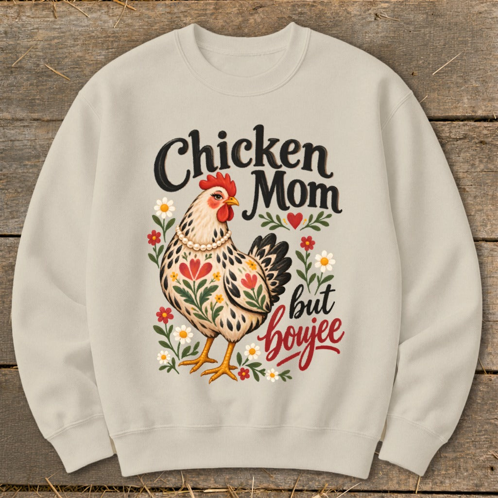 Chicken Mom but boujee graphic on light tan crewneck sweatshirt.