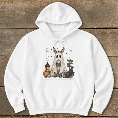 White hoodie with a Halloween graphic of a donkey in a ghost costume.