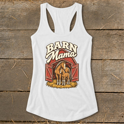 White tank top with "Barn Mama" text and horses inside a red barn graphic.