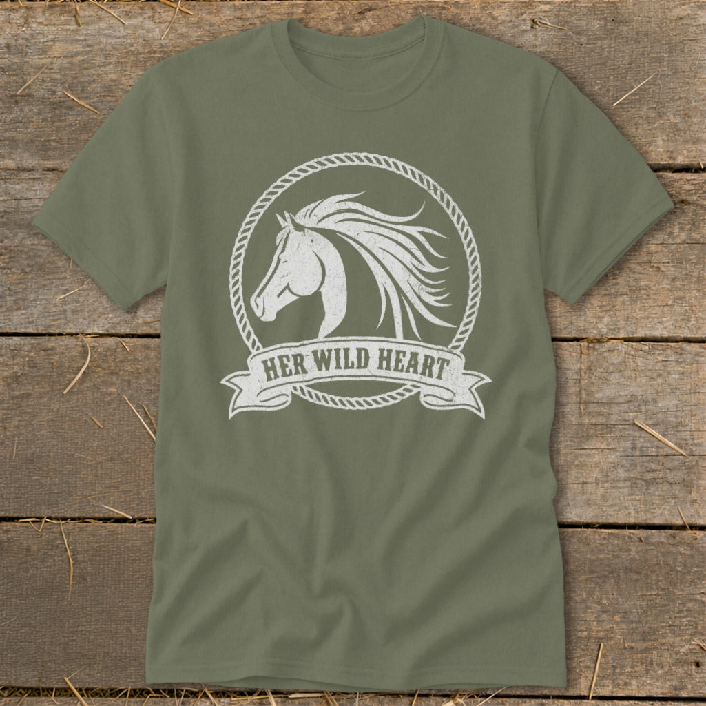 Green t-shirt with white distressed horse head graphic and "HER WILD HEART" text.
