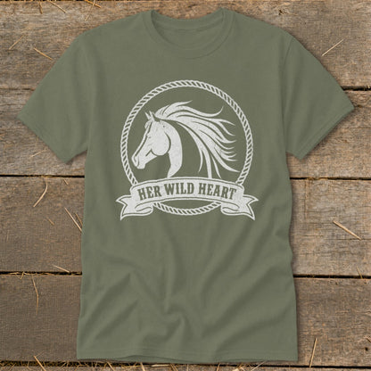 Green t-shirt with white distressed horse head graphic and "HER WILD HEART" text.