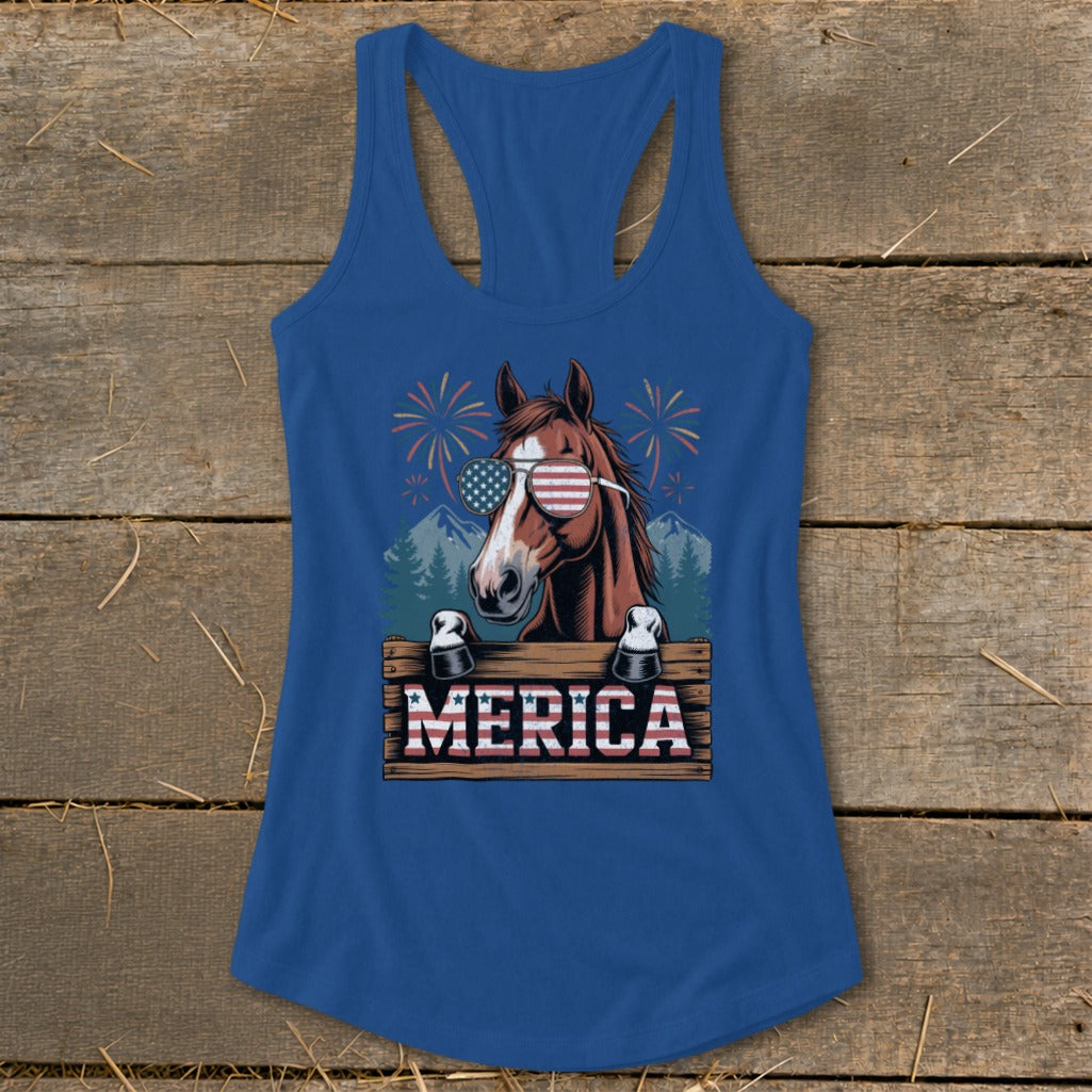 Horse wearing American flag sunglasses, with fireworks and "MERICA" text.