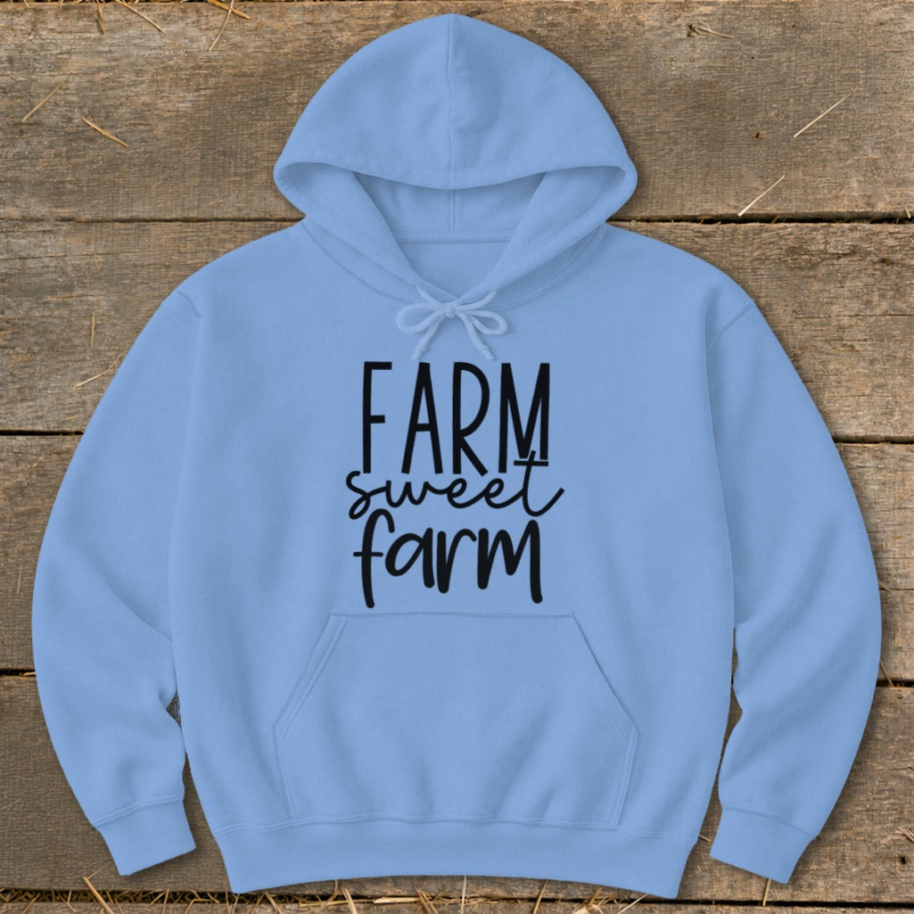 Light blue hoodie with "Farm sweet farm" text printed on the front.