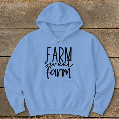 Light blue hoodie with "Farm sweet farm" text printed on the front.