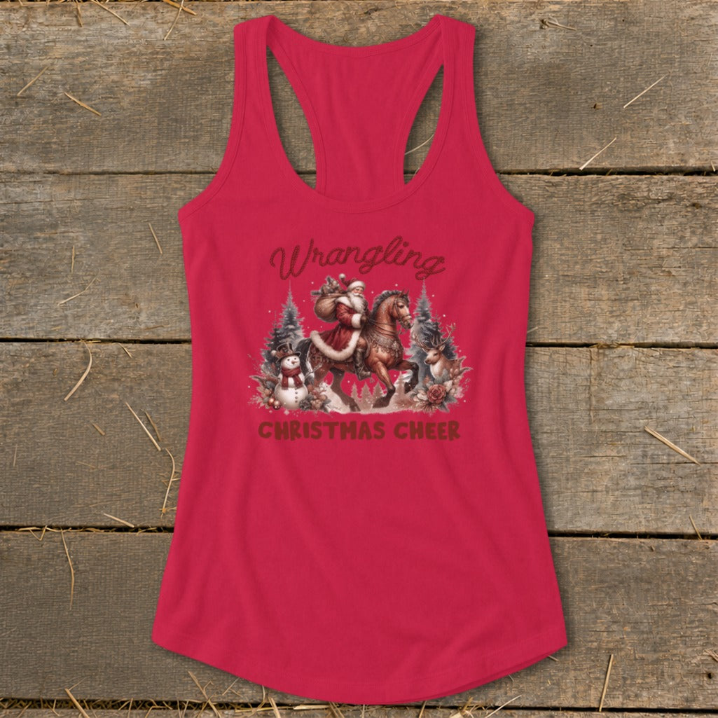 Red tank top with Santa on horseback graphic and "Wrangling Christmas Cheer" text.