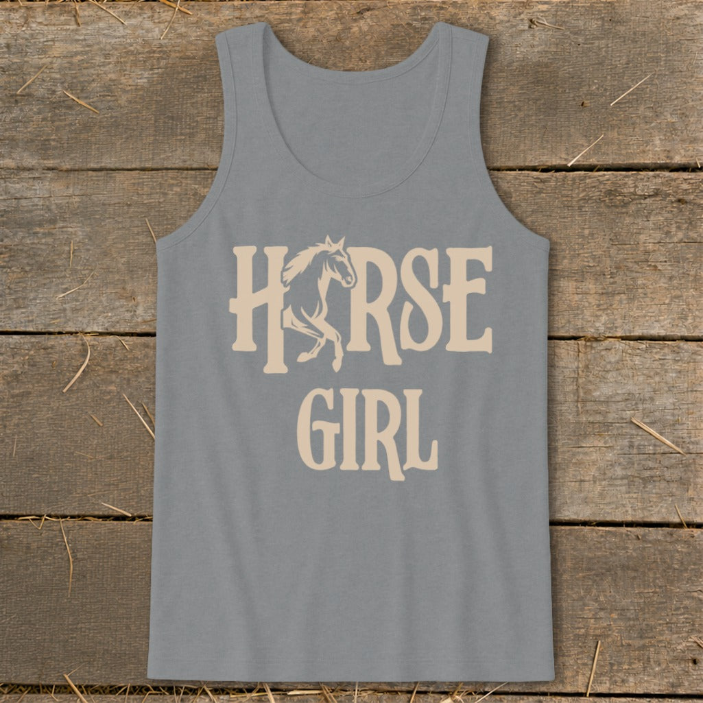 Grey tank top with beige "Horse Girl" text and a horse silhouette.