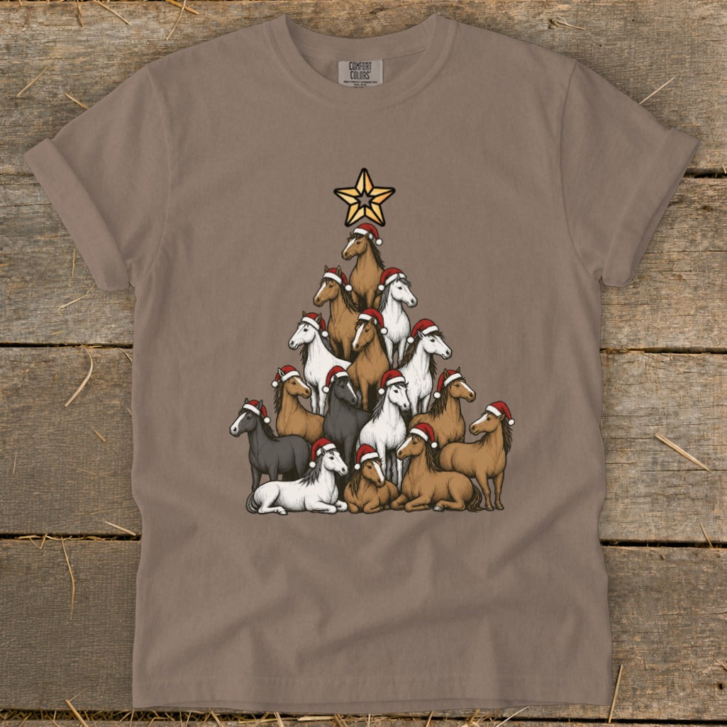 Christmas tree made of horses wearing Santa hats, topped with a star.