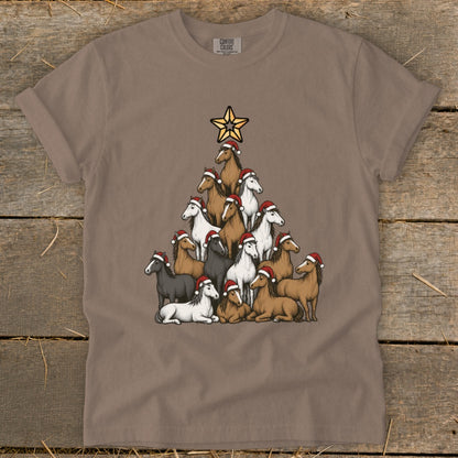 Christmas tree made of horses wearing Santa hats, topped with a star.