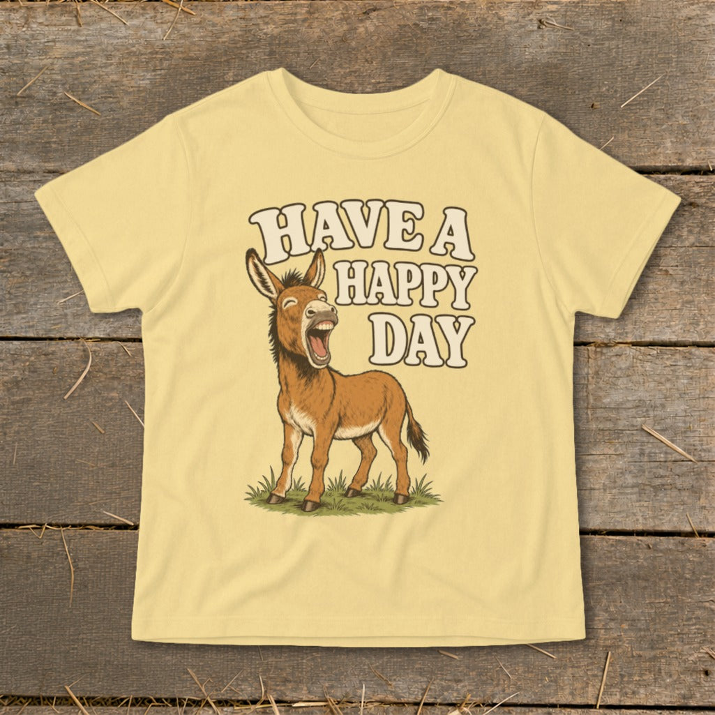 Yellow t-shirt with cartoon donkey and text "HAVE A HAPPY DAY".