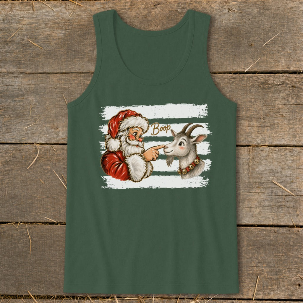 Santa booping a goat on the nose with the word "Boop"