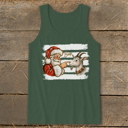 Santa booping a goat on the nose with the word "Boop"