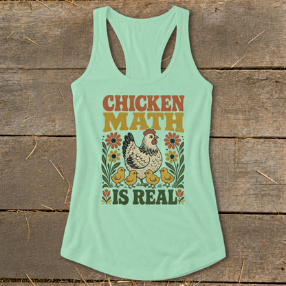 Mint green tank top with "CHICKEN MATH IS REAL" text and a chicken with chicks.