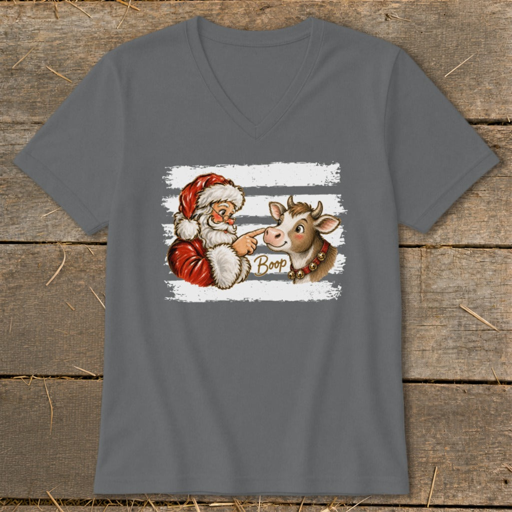 Santa booping a cow with the word "Boop" on a gray t-shirt.