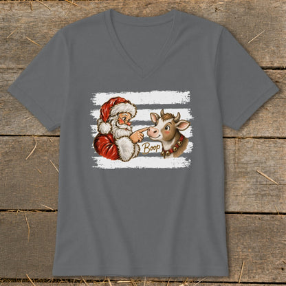 Santa booping a cow with the word "Boop" on a gray t-shirt.