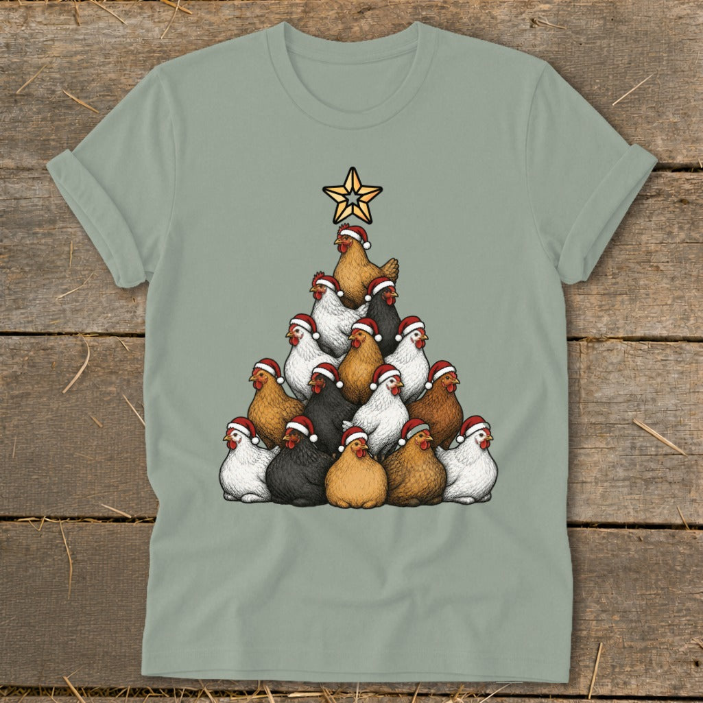 T-shirt with a Christmas tree made of chickens wearing Santa hats.
