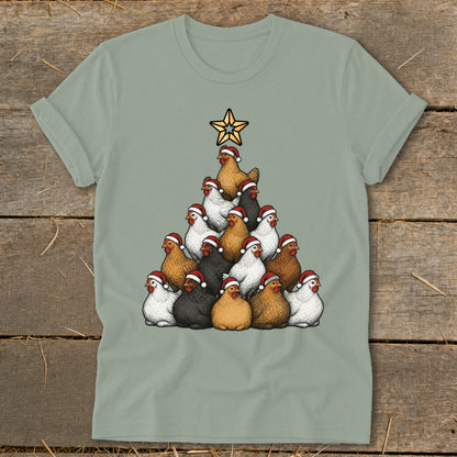 T-shirt with a Christmas tree made of chickens wearing Santa hats.