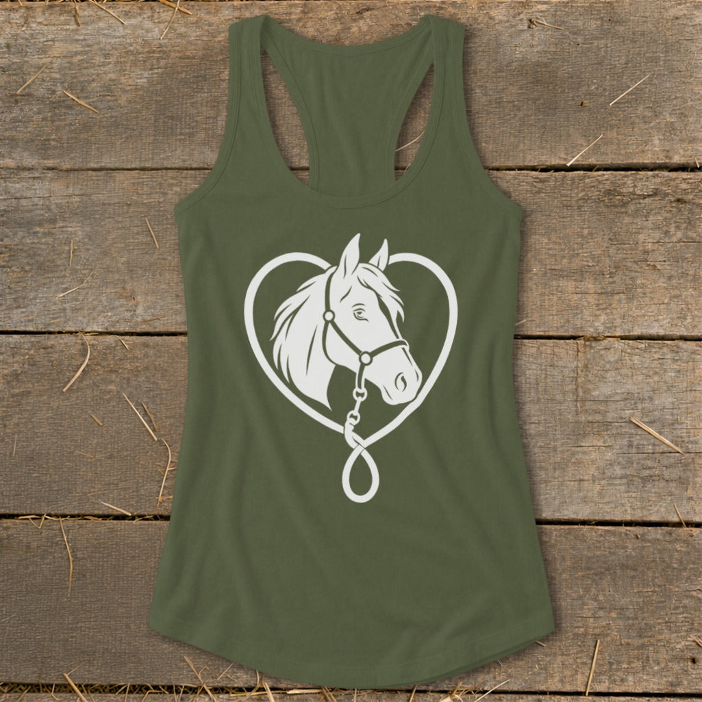 An olive green racerback tank top featuring a white horse head graphic inside a heart shape.