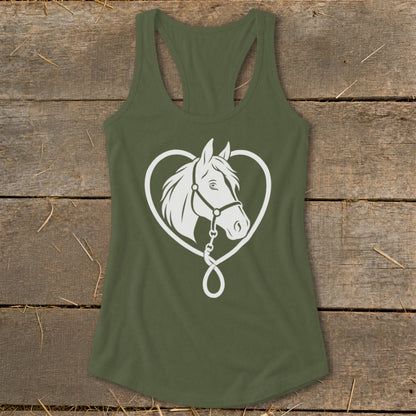 An olive green racerback tank top featuring a white horse head graphic inside a heart shape.
