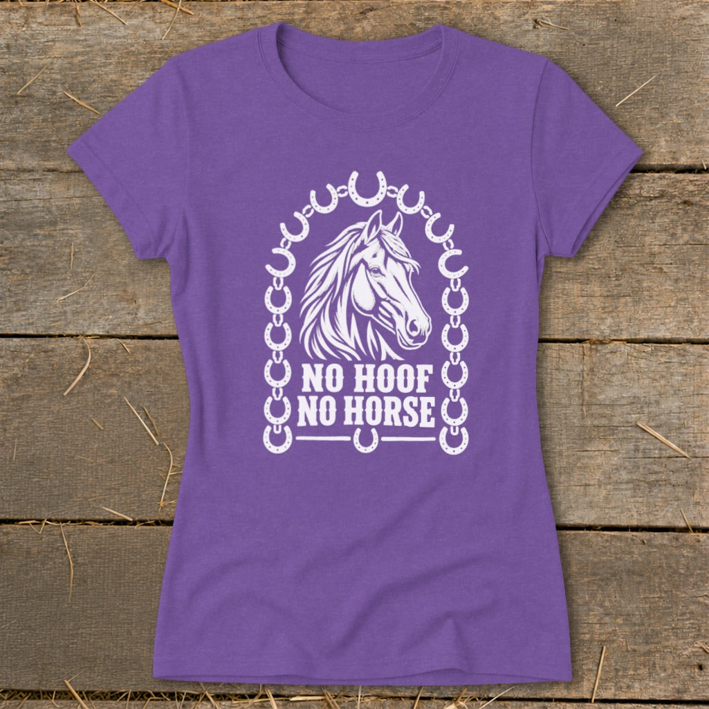 Purple t-shirt with white horse graphic and text "NO HOOF NO HORSE".