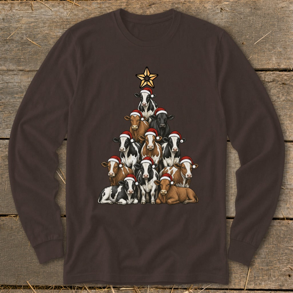 Cows in Santa hats arranged in a Christmas tree shape, topped with a star.