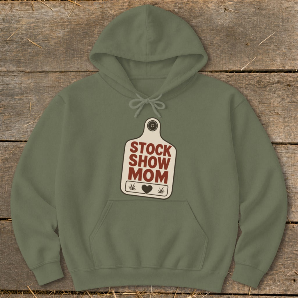 Olive green hoodie with "STOCK SHOW MOM" text on a tag graphic.