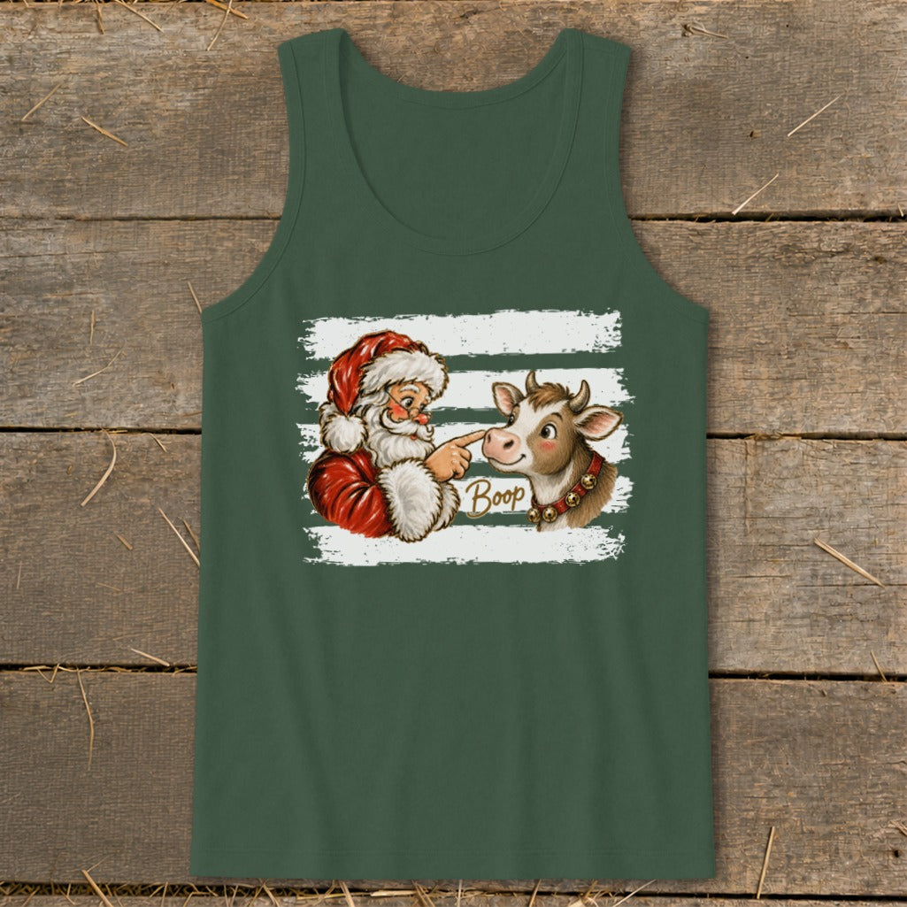Santa booping a cow with the word "Boop" on a green tank top.