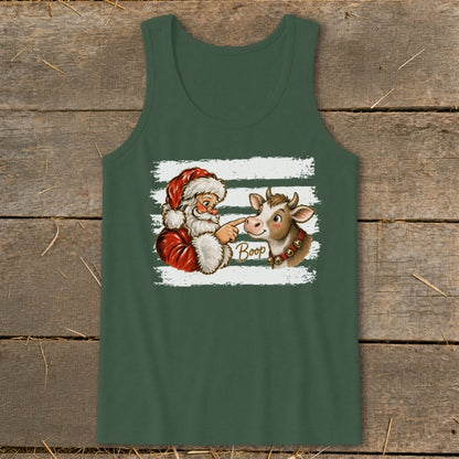 Santa booping a cow with the word "Boop" on a green tank top.