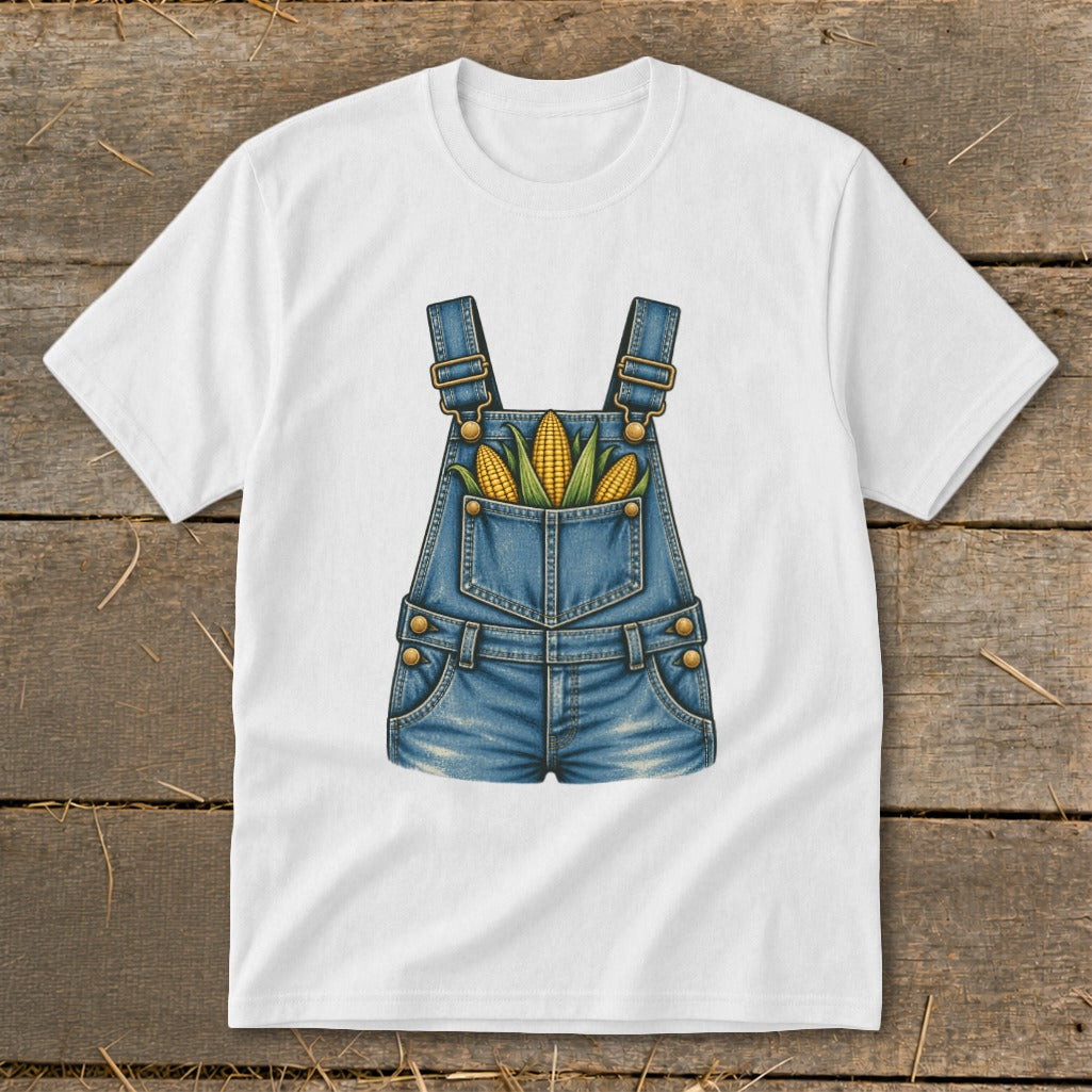 White t-shirt with a cartoon denim overalls graphic filled with corn cobs.