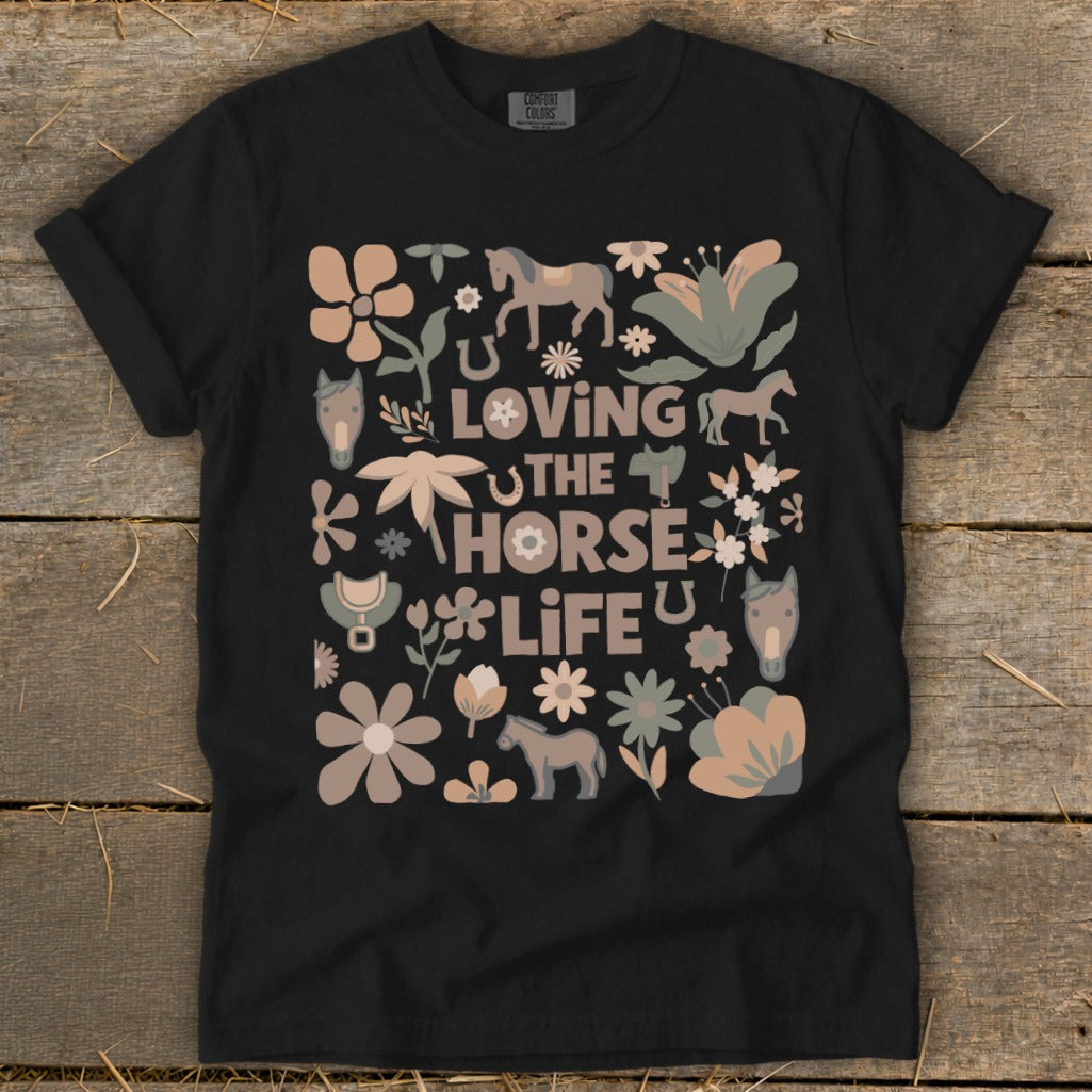 Black t-shirt with "Loving the Horse Life" text and horse-themed graphics.