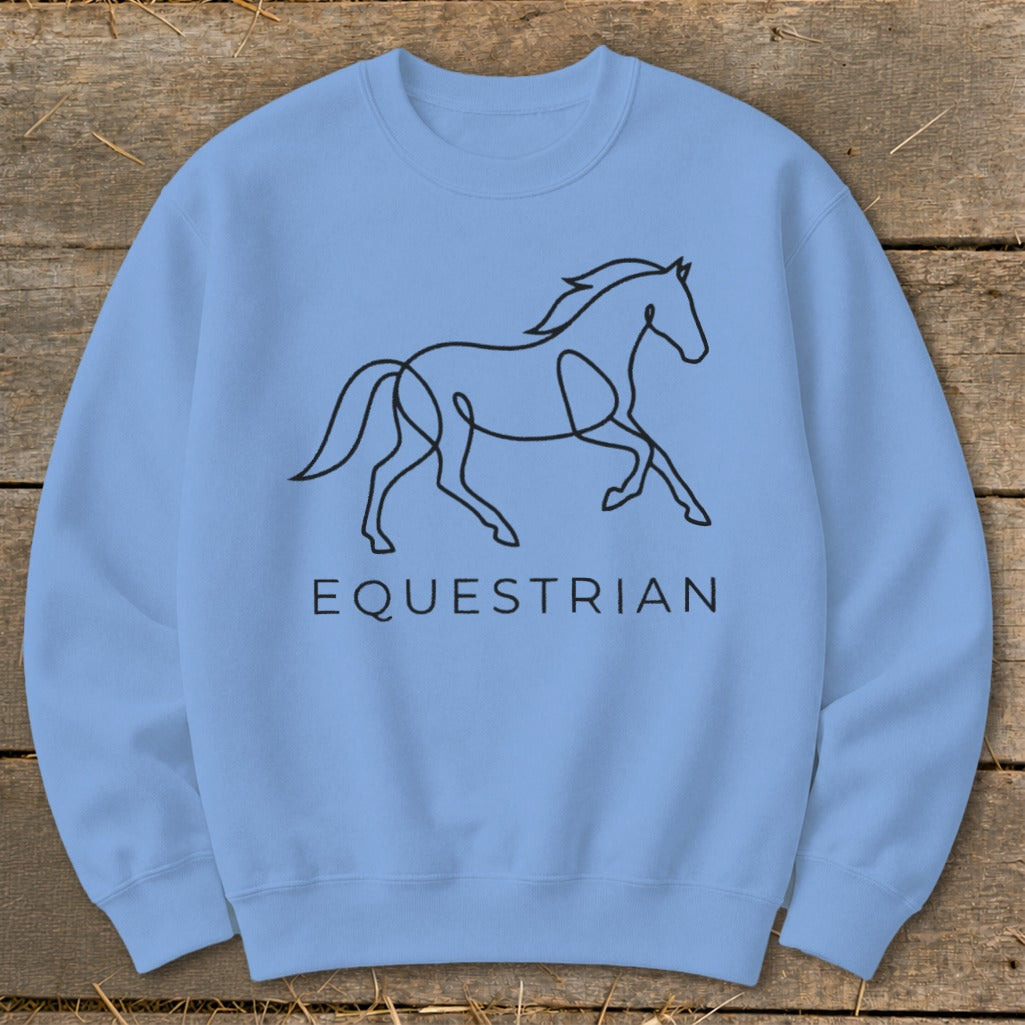 Light blue sweatshirt with a black line drawing of a running horse and the word "EQUESTRIAN".